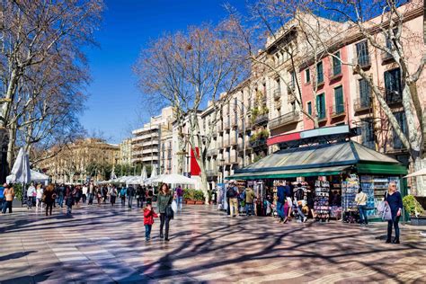 La Rambla, A famous street in central Barcelona, popular with tourists and locals alike.